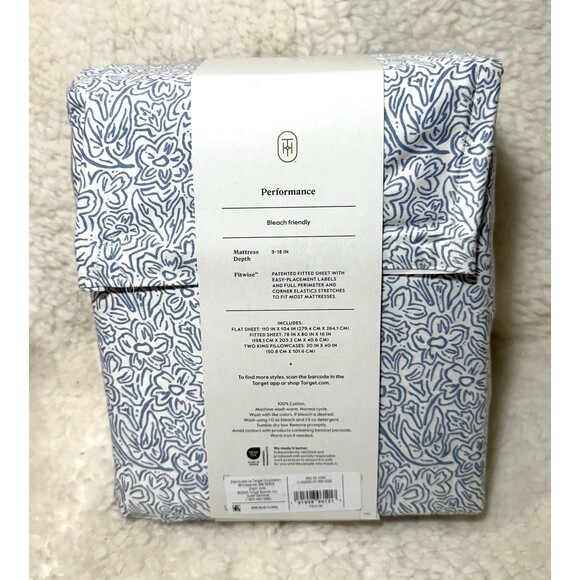 King Printed Performance 400 Thread Count Sheet Set Blue Floral - Threshold NEW - Picture 5 of 5